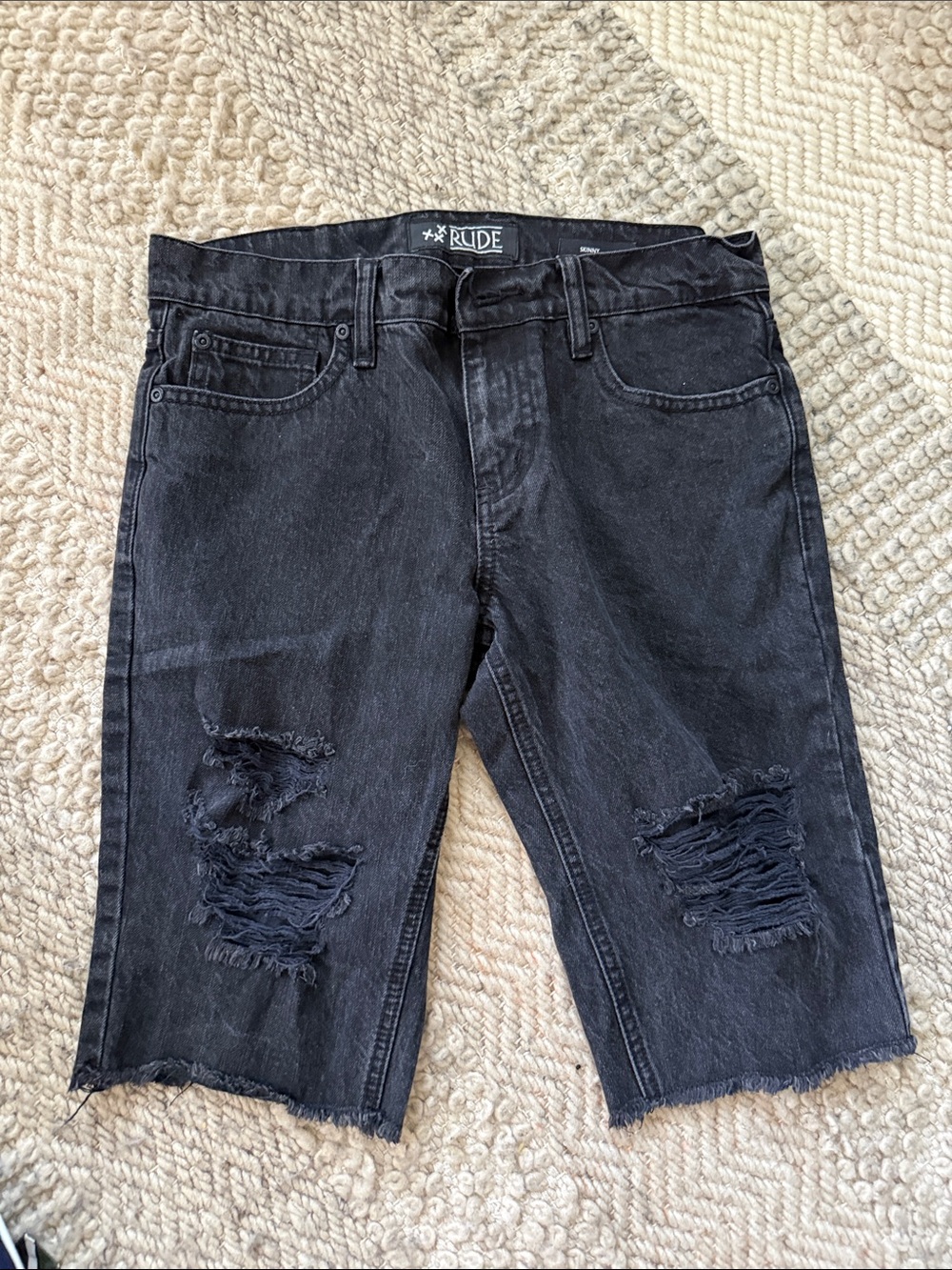 RUDE Black Distressed Men's Jean Shorts skinny 30 inch waist five pocket 13”